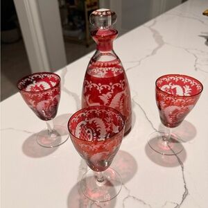 Vintage Bohemian Bottle and Champagne Flute Glass Red Cut to Clear